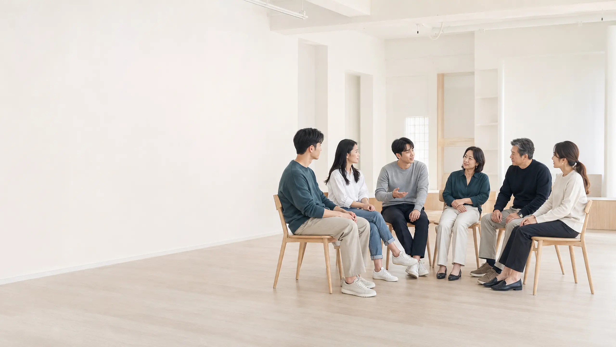 밝은 공간에서 둘러앉아 대화하는 한국인 성인 참여자들